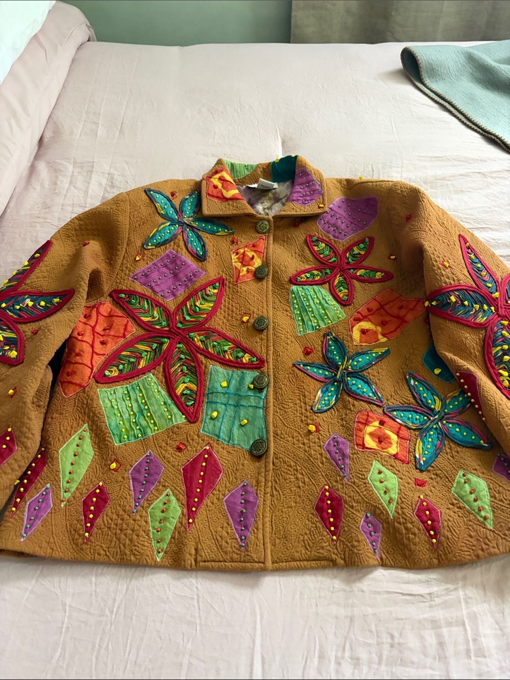Anage Mustard Brown Embroidered Patchwork Teddy Jacket